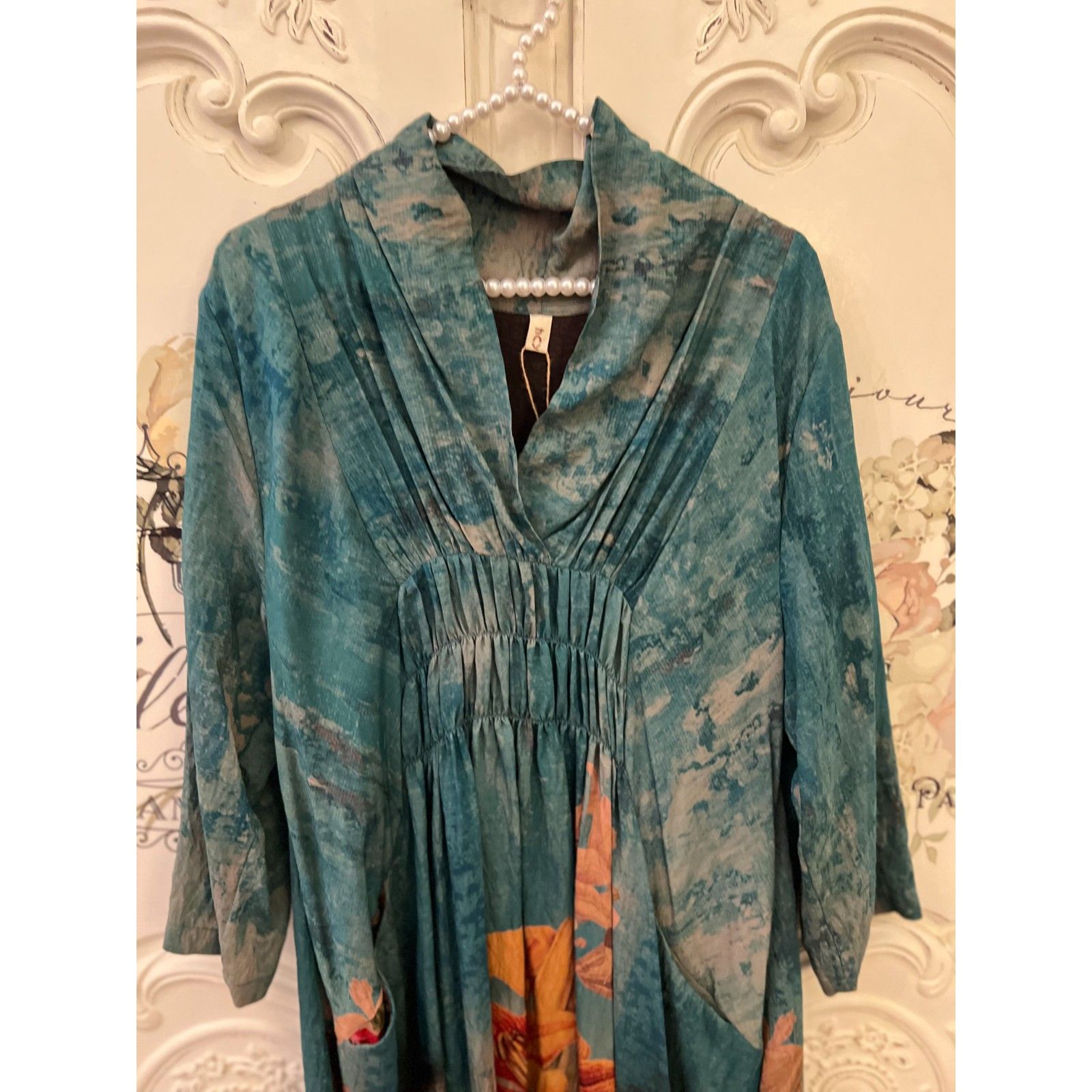 Morimiss Teal Floral Boho Maxi Dress Long Sleeve Empire Waist O/S Nwt — image 5 of 8